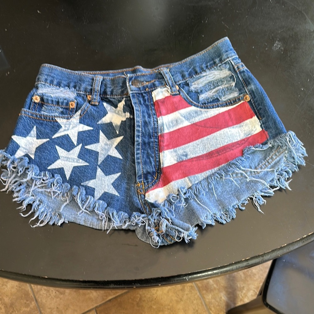 Signature Jean Shorts Blue and Red Distressed Design